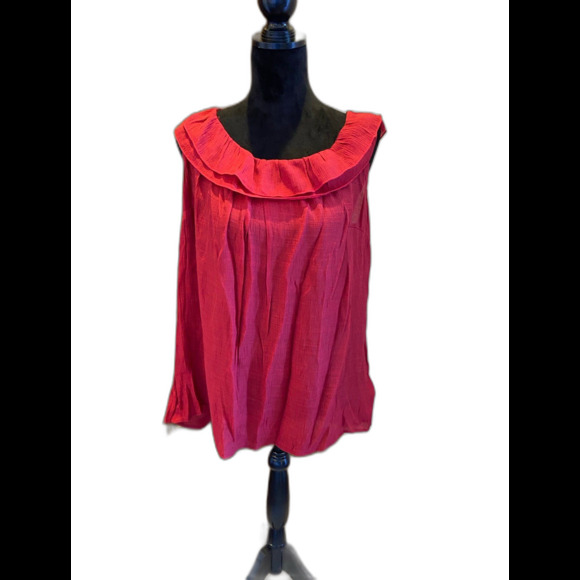 Dress Barn Blouse Plus Size 1X Top Burgundy Rounded Ruffle Neckline Sleeveless - Picture 1 of 5
